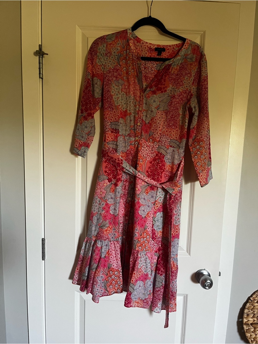 Floral Pink Wrap-Style Midi Dress with Long Sleeves